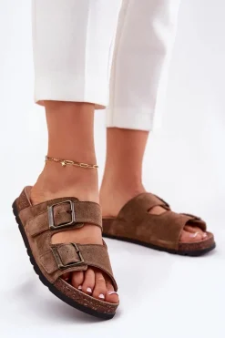 Zamszowe Klapki Z Klamrami Damskie Panto Fino RR267024 Brązowe