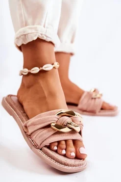 Zamszowe Klapki Z Ozdobnym Łańcuchem Różowe Louie