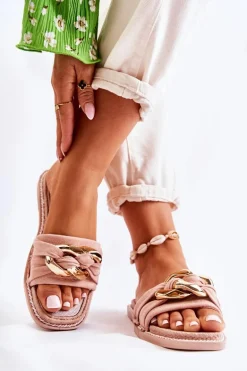 Zamszowe Klapki Z Ozdobnym Łańcuchem Różowe Louie