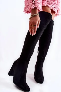 Zamszowe Klasyczne Kozaki Na Obcasie Czarne Kastia