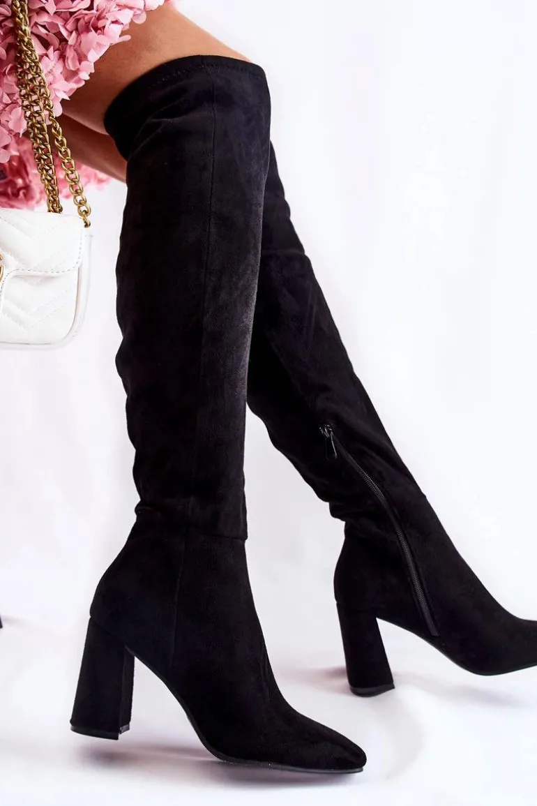 Zamszowe Klasyczne Kozaki Na Obcasie Czarne Kastia