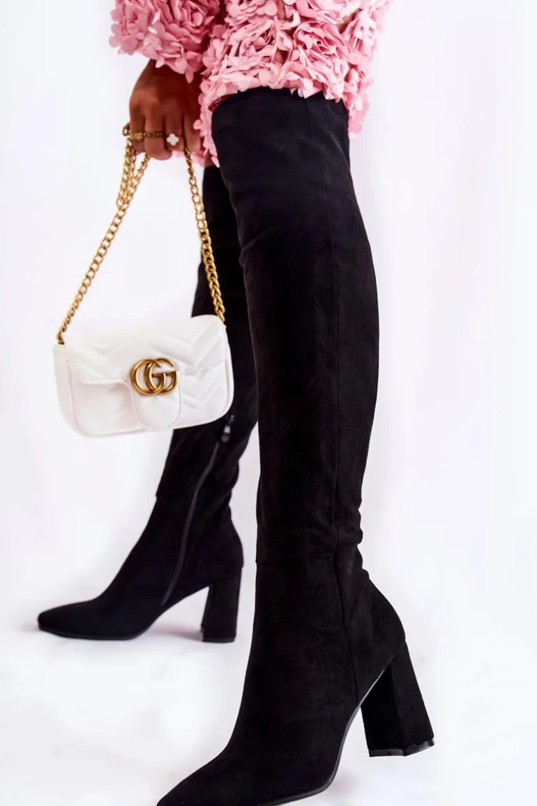 Zamszowe Klasyczne Kozaki Na Obcasie Czarne Kastia