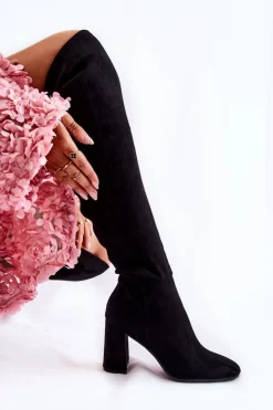 Zamszowe Klasyczne Kozaki Na Obcasie Czarne Kastia