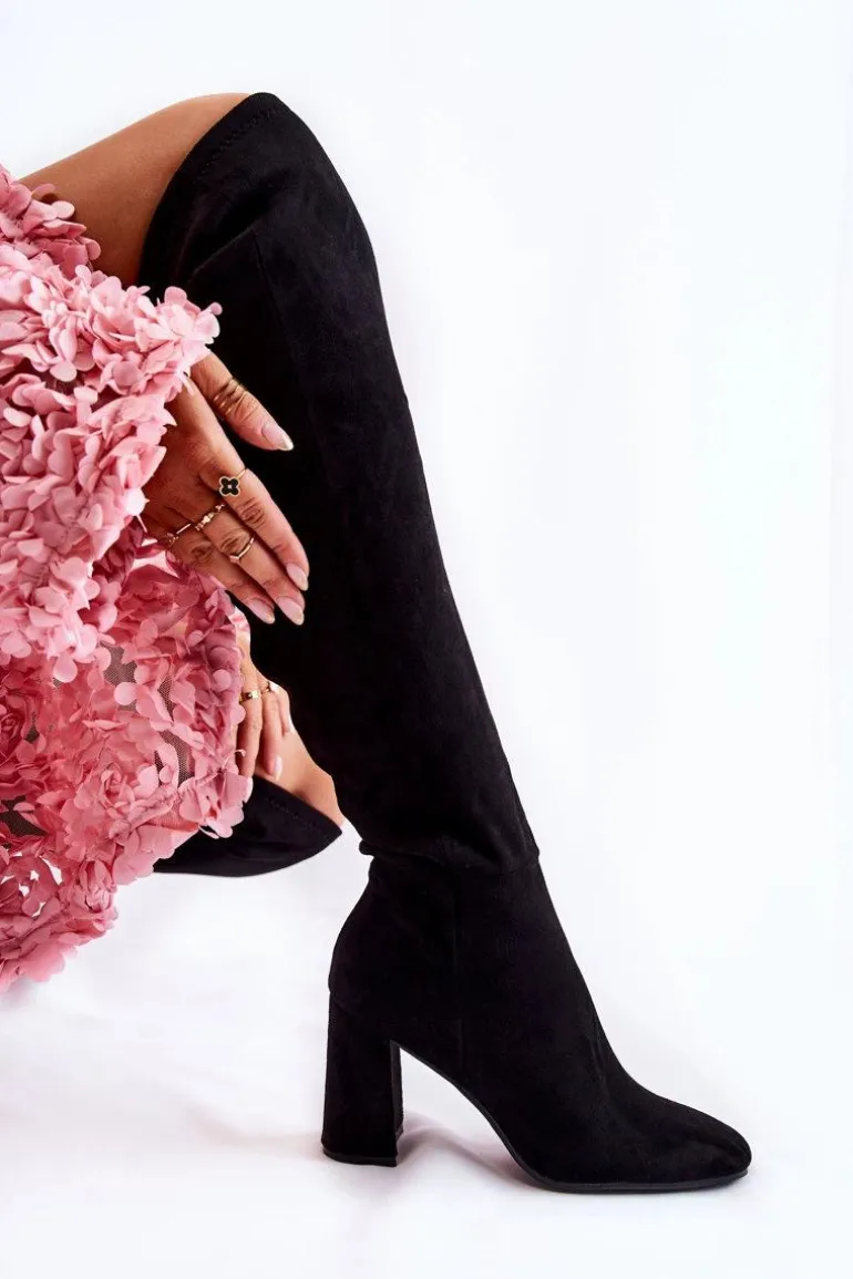 Zamszowe Klasyczne Kozaki Na Obcasie Czarne Kastia