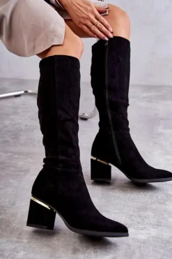 Zamszowe Klasyczne Kozaki Na Suwak Czarne Leyette