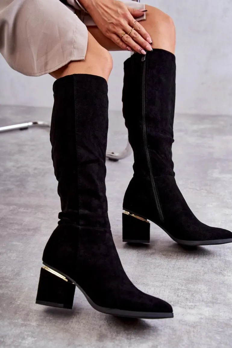 Zamszowe Klasyczne Kozaki Na Suwak Czarne Leyette