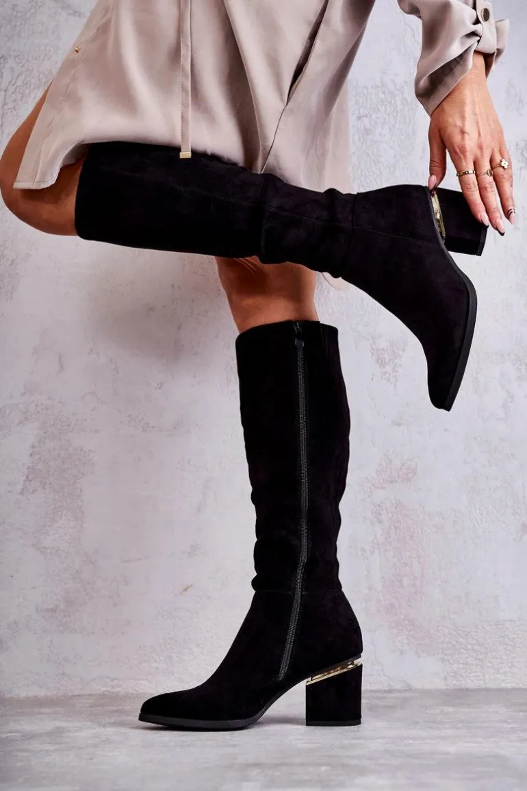 Zamszowe Klasyczne Kozaki Na Suwak Czarne Leyette