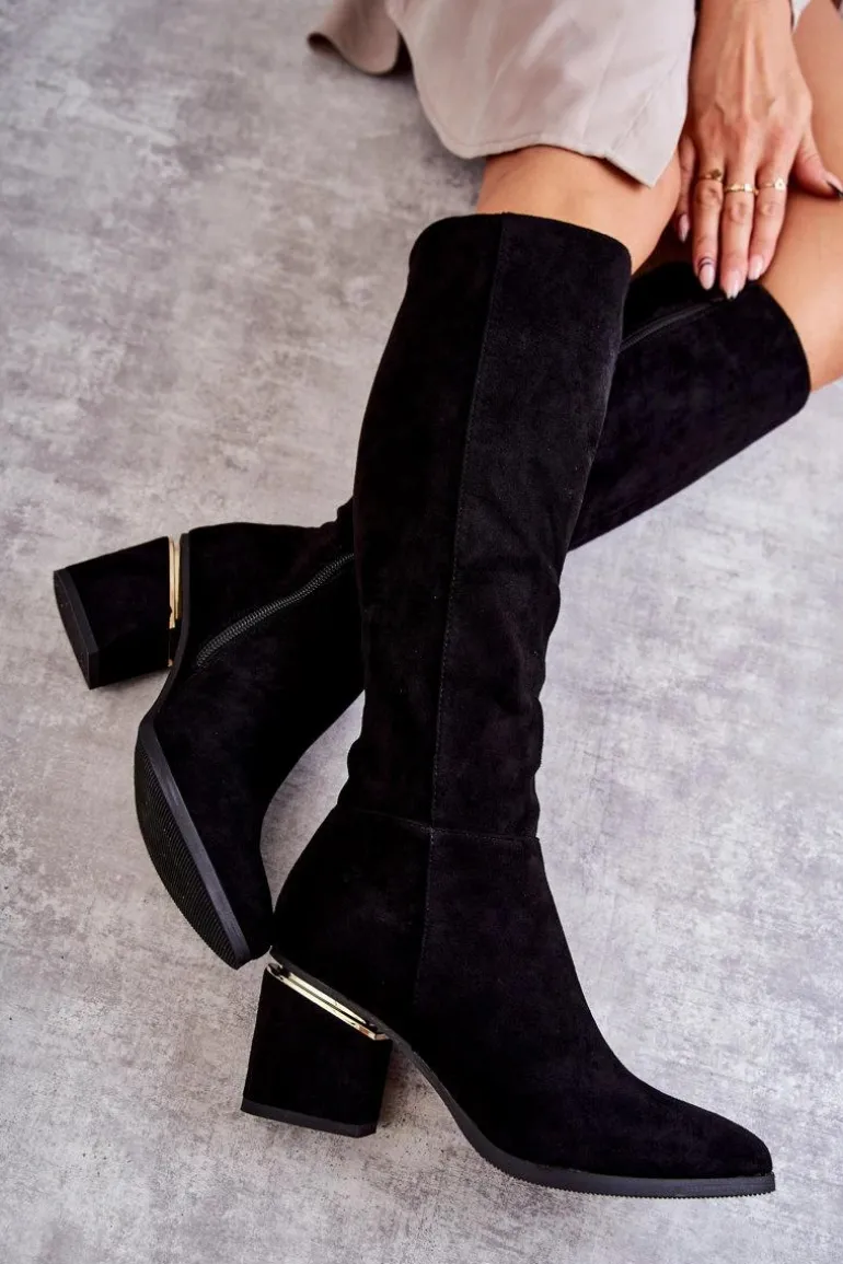 Zamszowe Klasyczne Kozaki Na Suwak Czarne Leyette