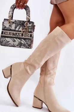 Zamszowe Klasyczne Kozaki Na Suwak Jasnobeżowe Leyette