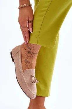 Zamszowe Klasyczne Mokasyny Z Frędzlami Beżowe Averil