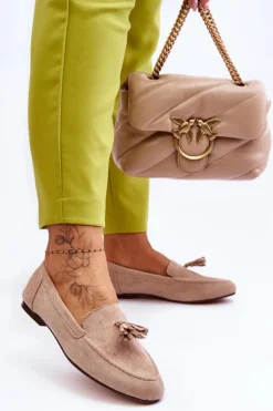 Zamszowe Klasyczne Mokasyny Z Frędzlami Beżowe Averil