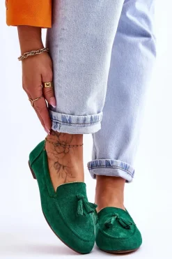 Zamszowe Klasyczne Mokasyny Z Frędzlami Zielone Averil