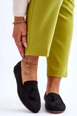 Zamszowe Klasyczne Mokasyny Z Frędzlami Czarne Averil