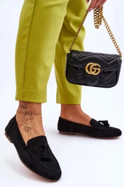 Zamszowe Klasyczne Mokasyny Z Frędzlami Czarne Averil