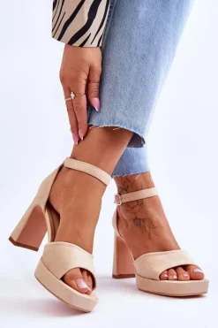 Zamszowe Klasyczne Sandały Na Platformie Beżowe Classy
