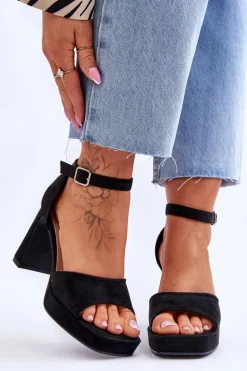 Zamszowe Klasyczne Sandały Na Platformie Czarne Classy