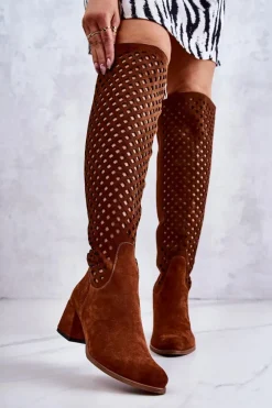 Zamszowe Kozaki Ażurowe Brązowe Generous
