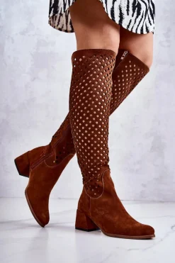 Zamszowe Kozaki Ażurowe Brązowe Generous