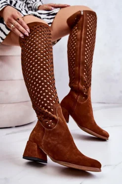 Zamszowe Kozaki Ażurowe Brązowe Generous