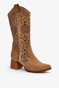 Zamszowe Kozaki Ażurowe Lewski Shoes 3171 Beżowe