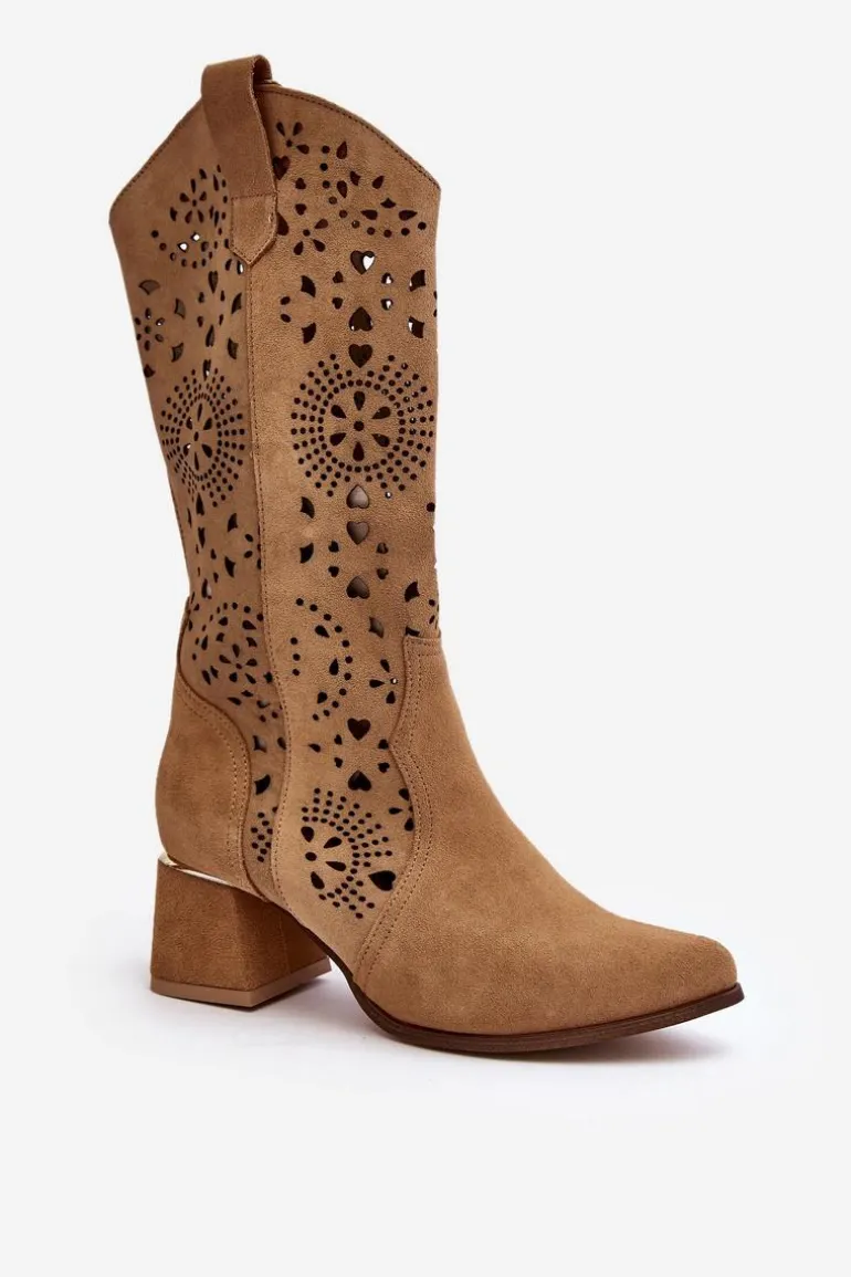 Zamszowe Kozaki Ażurowe Lewski Shoes 3171 Beżowe