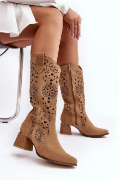 Zamszowe Kozaki Ażurowe Lewski Shoes 3171 Beżowe