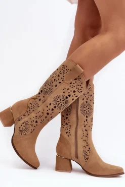 Zamszowe Kozaki Ażurowe Lewski Shoes 3171 Beżowe