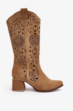 Zamszowe Kozaki Ażurowe Lewski Shoes 3171 Beżowe