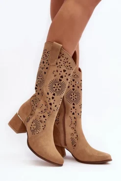 Zamszowe Kozaki Ażurowe Lewski Shoes 3171 Beżowe