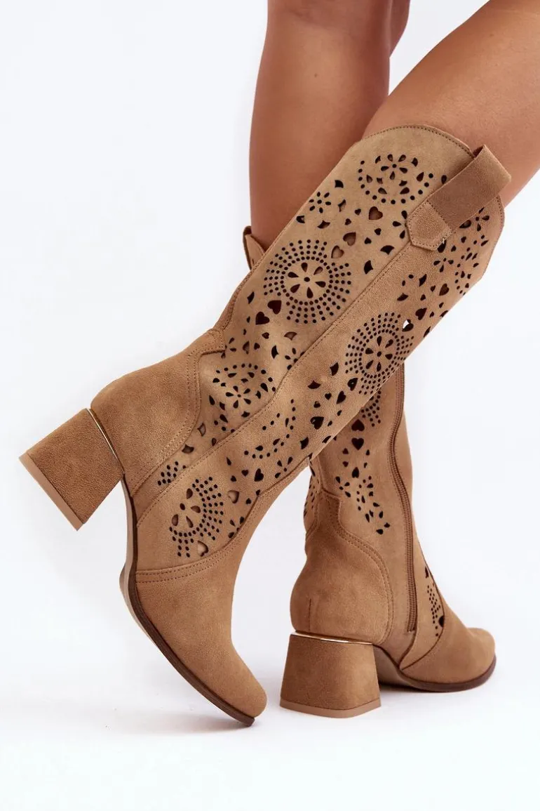 Zamszowe Kozaki Ażurowe Lewski Shoes 3171 Beżowe