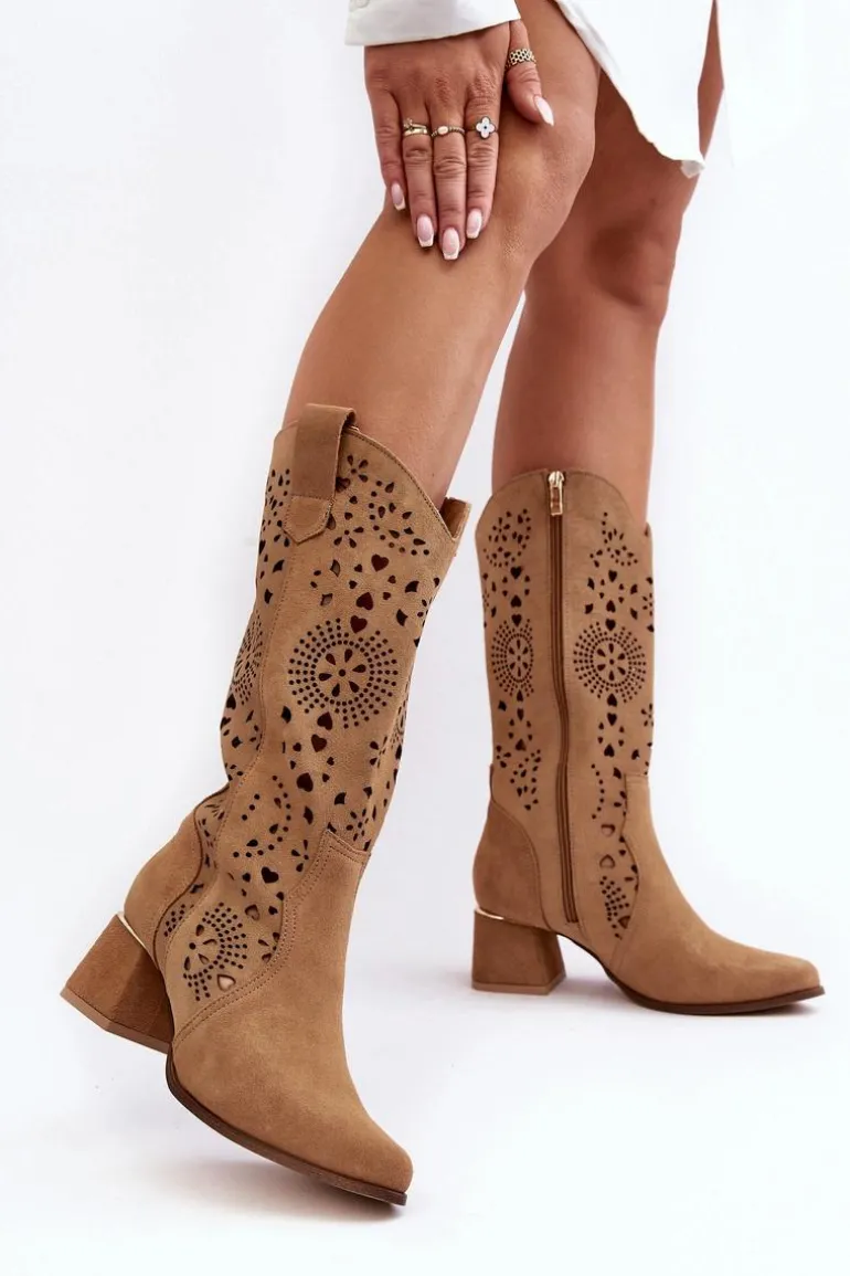 Zamszowe Kozaki Ażurowe Lewski Shoes 3171 Beżowe