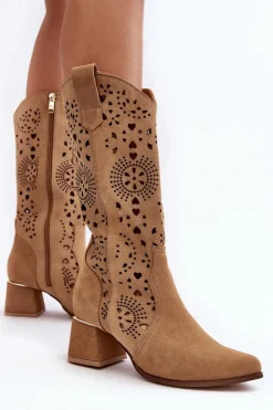 Zamszowe Kozaki Ażurowe Lewski Shoes 3171 Beżowe