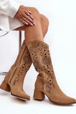 Zamszowe Kozaki Ażurowe Lewski Shoes 3171 Beżowe