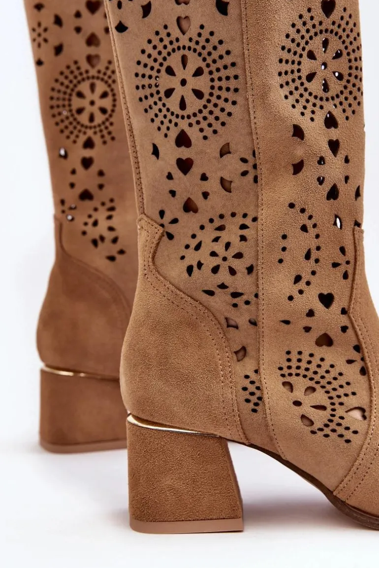 Zamszowe Kozaki Ażurowe Lewski Shoes 3171 Beżowe