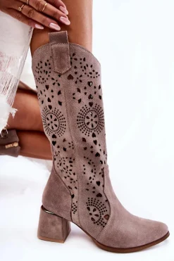 Zamszowe Kozaki Ażurowe Lewski Shoes 3171 Cappucino