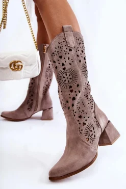 Zamszowe Kozaki Ażurowe Lewski Shoes 3171 Cappucino