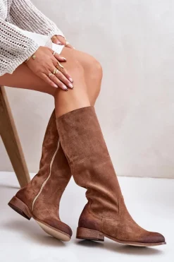 Zamszowe Kozaki Damskie Do Połowy Łydki Na Zamek Lewski 3616 Brązowe