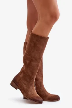 Zamszowe Kozaki Damskie Do Połowy Łydki Na Zamek Lewski 3616 Brązowe