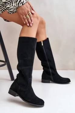Zamszowe Kozaki Damskie Do Połowy Łydki Na Zamek Lewski 3616 Czarne