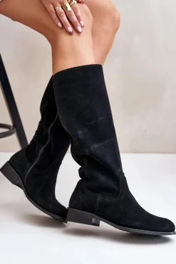 Zamszowe Kozaki Damskie Do Połowy Łydki Na Zamek Lewski 3616 Czarne
