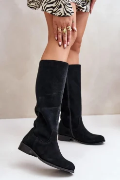 Zamszowe Kozaki Damskie Do Połowy Łydki Na Zamek Lewski 3616 Czarne