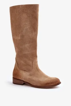 Zamszowe Kozaki Damskie Do Połowy Łydki Na Zamek Lewski 3616 Beżowe