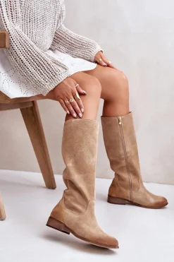Zamszowe Kozaki Damskie Do Połowy Łydki Na Zamek Lewski 3616 Beżowe