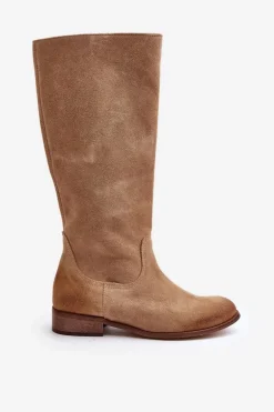 Zamszowe Kozaki Damskie Do Połowy Łydki Na Zamek Lewski 3616 Beżowe