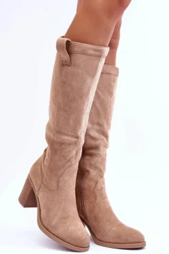 Zamszowe Kozaki Damskie Na Słupku Beżowe Khabira