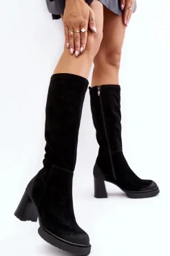 Zamszowe Kozaki Damskie Na Słupku Przed Kolano Lemar Czarne Ceraxa
