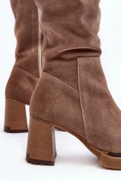 Zamszowe Kozaki Damskie Na Słupku Przed Kolano Brązowe Lemar Ceraxa