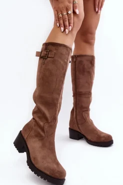 Zamszowe Kozaki Damskie Na Płaskim Obcasie Beżowe Saranai
