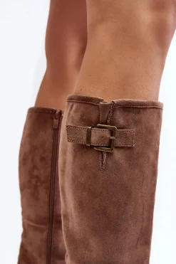 Zamszowe Kozaki Damskie Na Płaskim Obcasie Beżowe Saranai