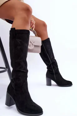 Zamszowe Kozaki Damskie Na Słupku Czarne Khabira